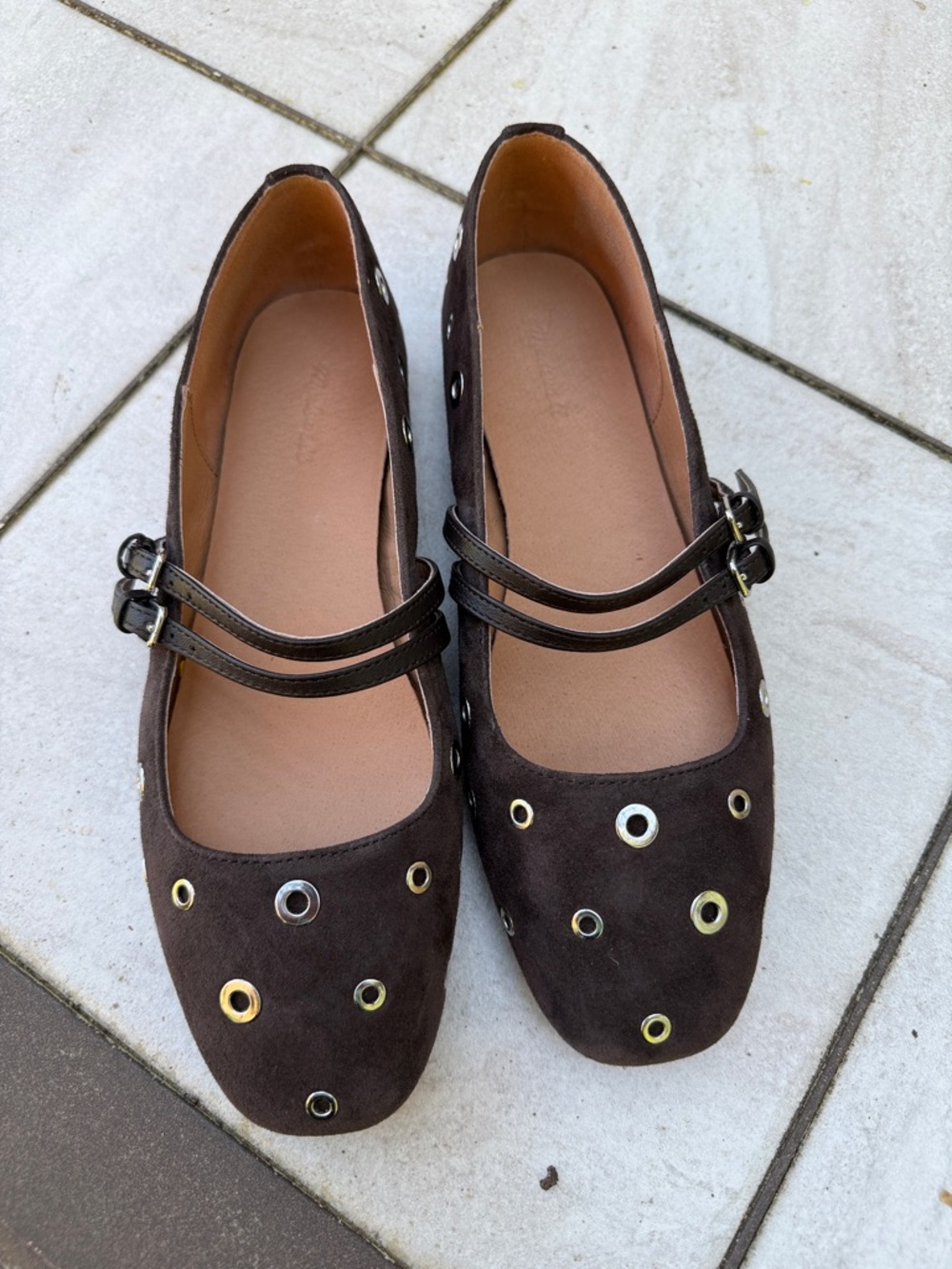 Madewell Dark Brown Suede Mary Jane Flats with Eyelet Detail